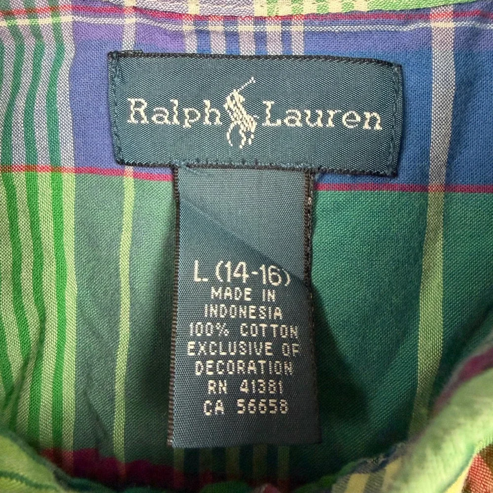Vintage Ralph Lauren Boys Large 14-16 Green Plaid Button Down Shirt Pony Logo